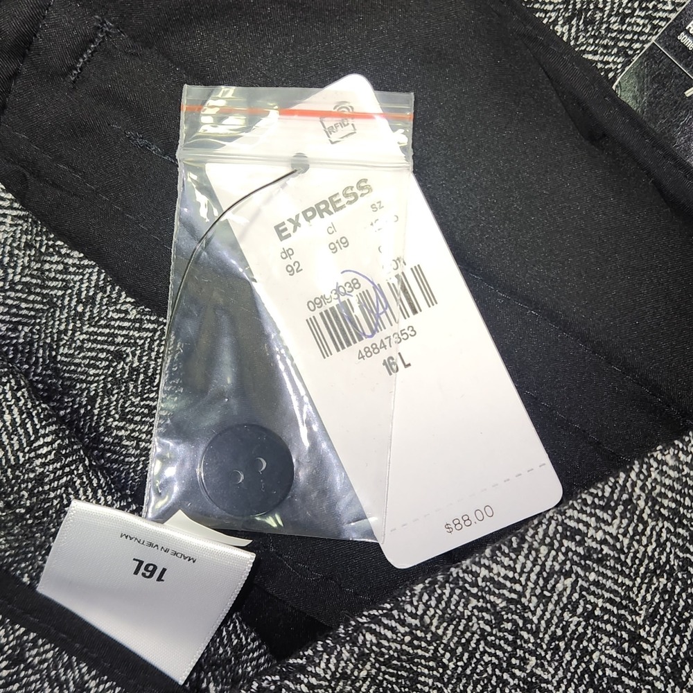 Express Editor Relaxed Ankle Trouser Mid Rise Herringbone Black Gray 16L NWT - Picture 4 of 9